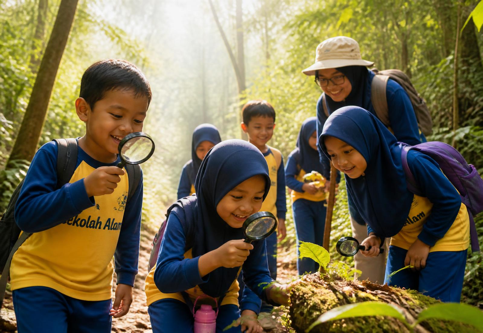 Anak-anak Sekolah Alam Aceh Tengah menjelajah hutan bersama guru